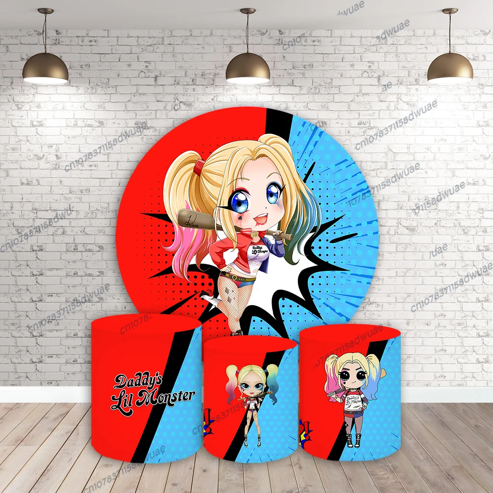 Harley Quinn Birthday Party Photo Backdrop Round&Cylinder Cover Photo Background Baby Shower Photography Backdrop