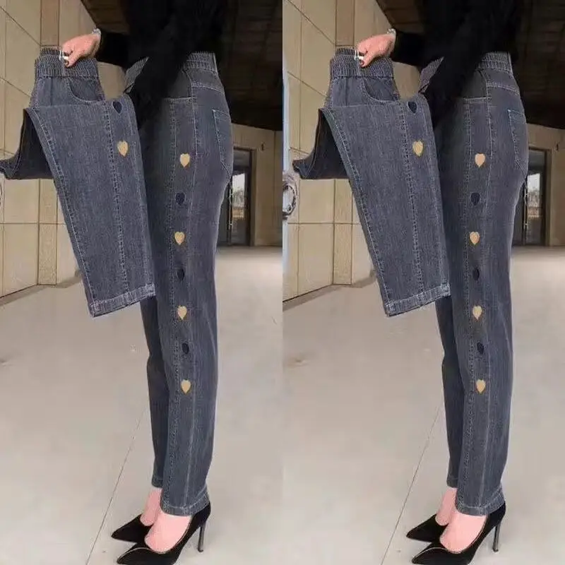 

Women's Autumn Winter New Fashion Simple Pocket Embroidery Korean Edition Versatile Loose High Waist Elastic Harlan Denim Pants