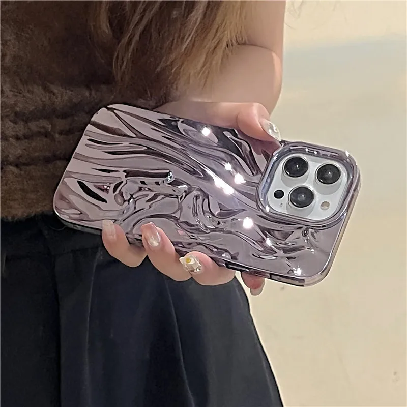 Lovebay Fashion Solid Color Wrinkle Electroplate Phone Case for iPhone11 12 13 Pro Max 14 Plus Soft Bumper Shockproof Back Cover