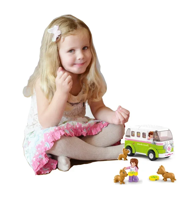 [Grappig] 158 stks/set Vrienden Station Wagon Dream Uitje Reizen Auto Puppies Bouwstenen Auto + Figuur + Hond model sets kids gift speelgoed