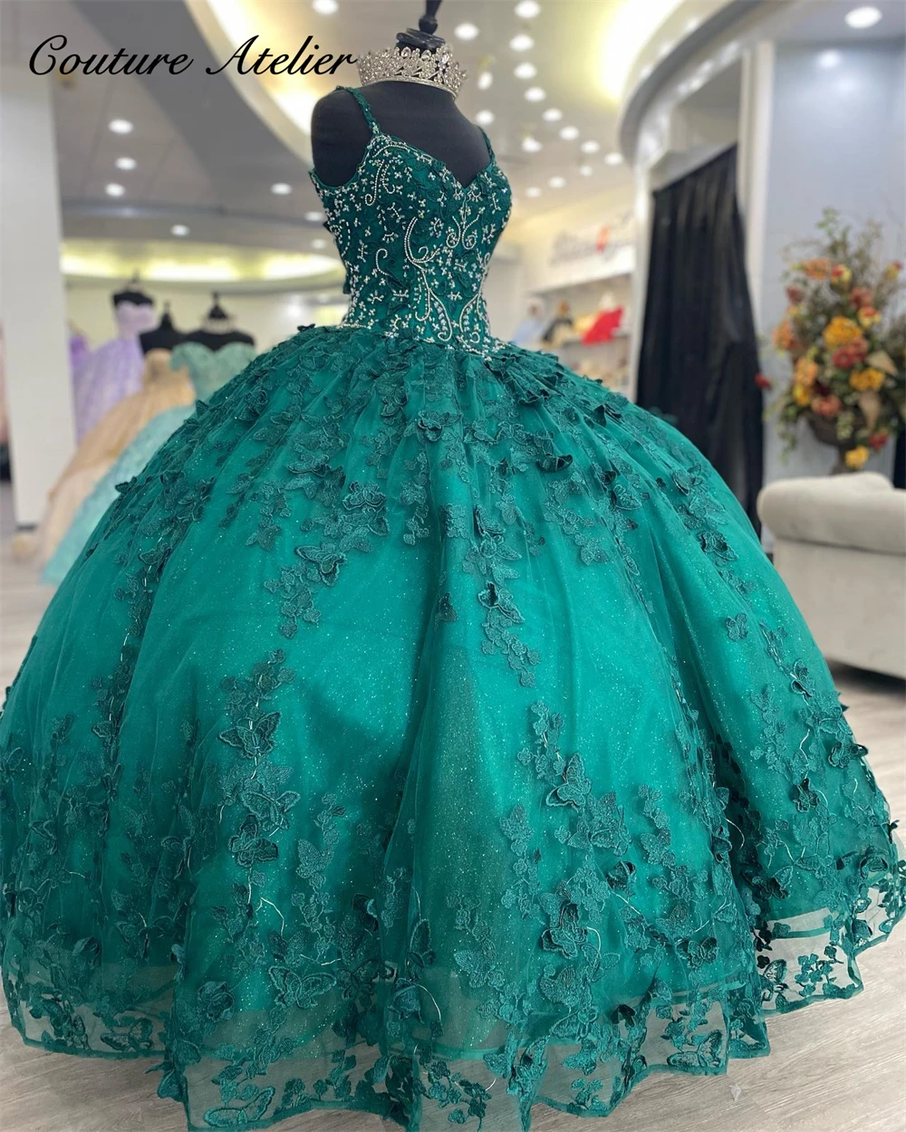 Vestido de fiesta de espagueti verde con cuentas de mariposas de encaje vestido para quinceañeras vestido de princesa 2025, vestido dulce 16, vestidos para personalizados