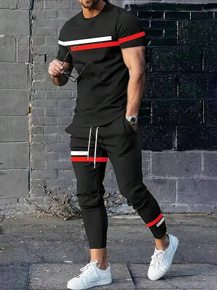 

Mens Casual Striped Short Sleeve T-Shirt And Sport Pants Set