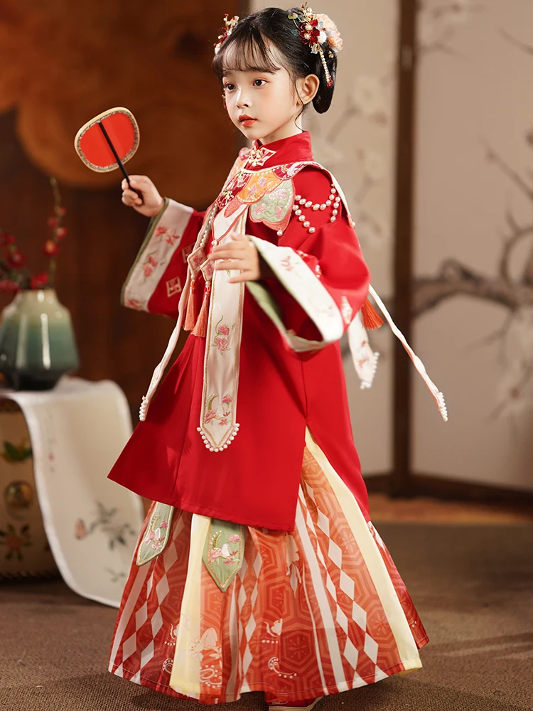 

Red Ancient Chinese Princ Skirt for Girls Ming Dynas Sle Cloud oulder Traditional Hanfu Children's Clothing Spring S...