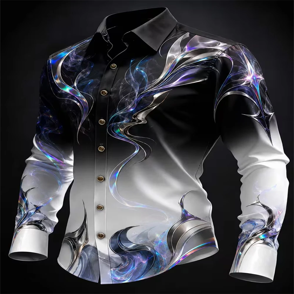 Men Satin Long Sleeve Dress Shirt Abstract Flame Print Slim Fit Button Down Shirt Luxury Party Wedding Formal Shirts For Men