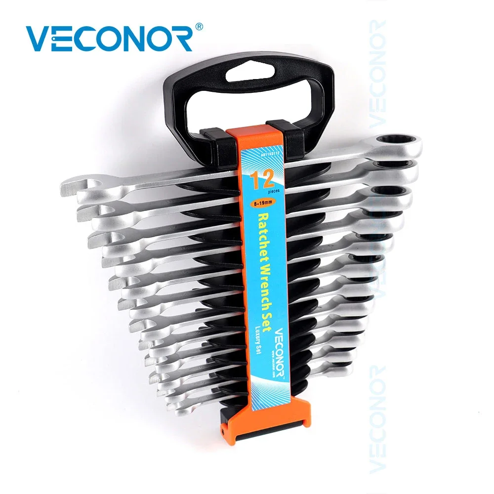 12Pcs Ratchet Wrench Set 8-19mm Key Wrench Tools Dull Polished 72T Ratcheting Head Hand Tool