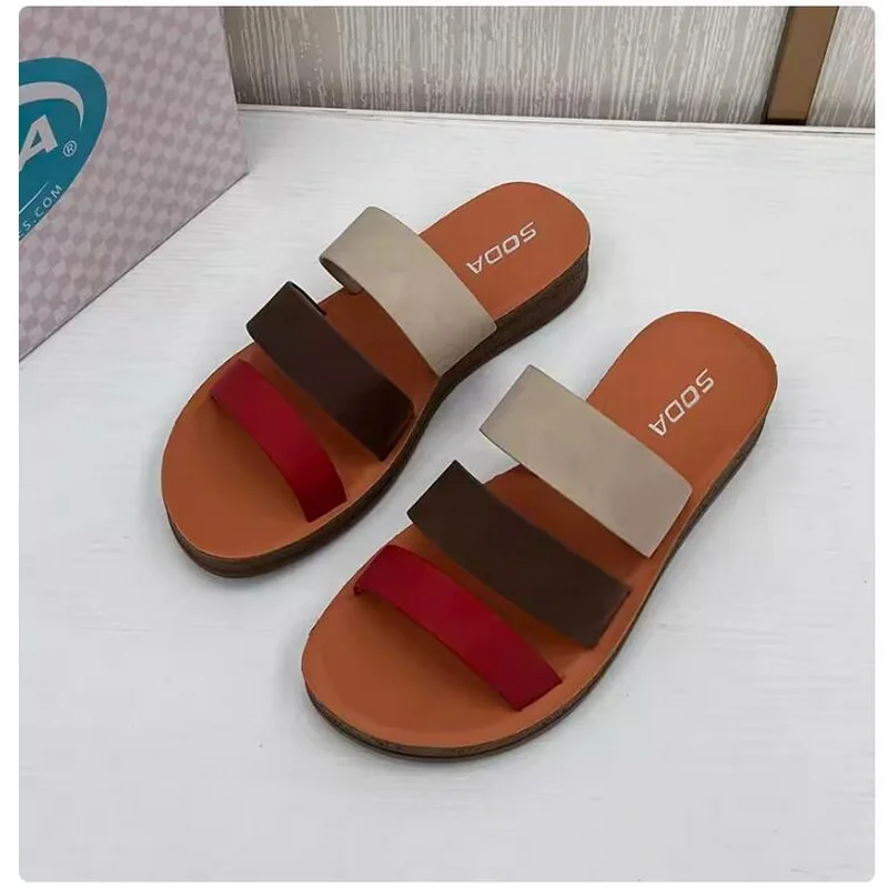 Color matching one-line sandals for women with soft soles comfortable outside wear large size sandals casual beach shoes