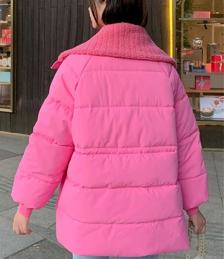 2023 New Women Winter Thicken Lamb Wool Warm Casual Parkas Solid Color Big Pocket Lapel Jackets Fashion Loose Large Size Outwear