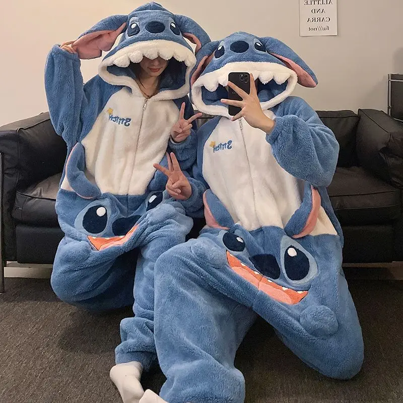 

Disney Cute Stitch Jumpsuit Pajamas For Men And Women, Autumn And Winter Thick Warm Home Clothes