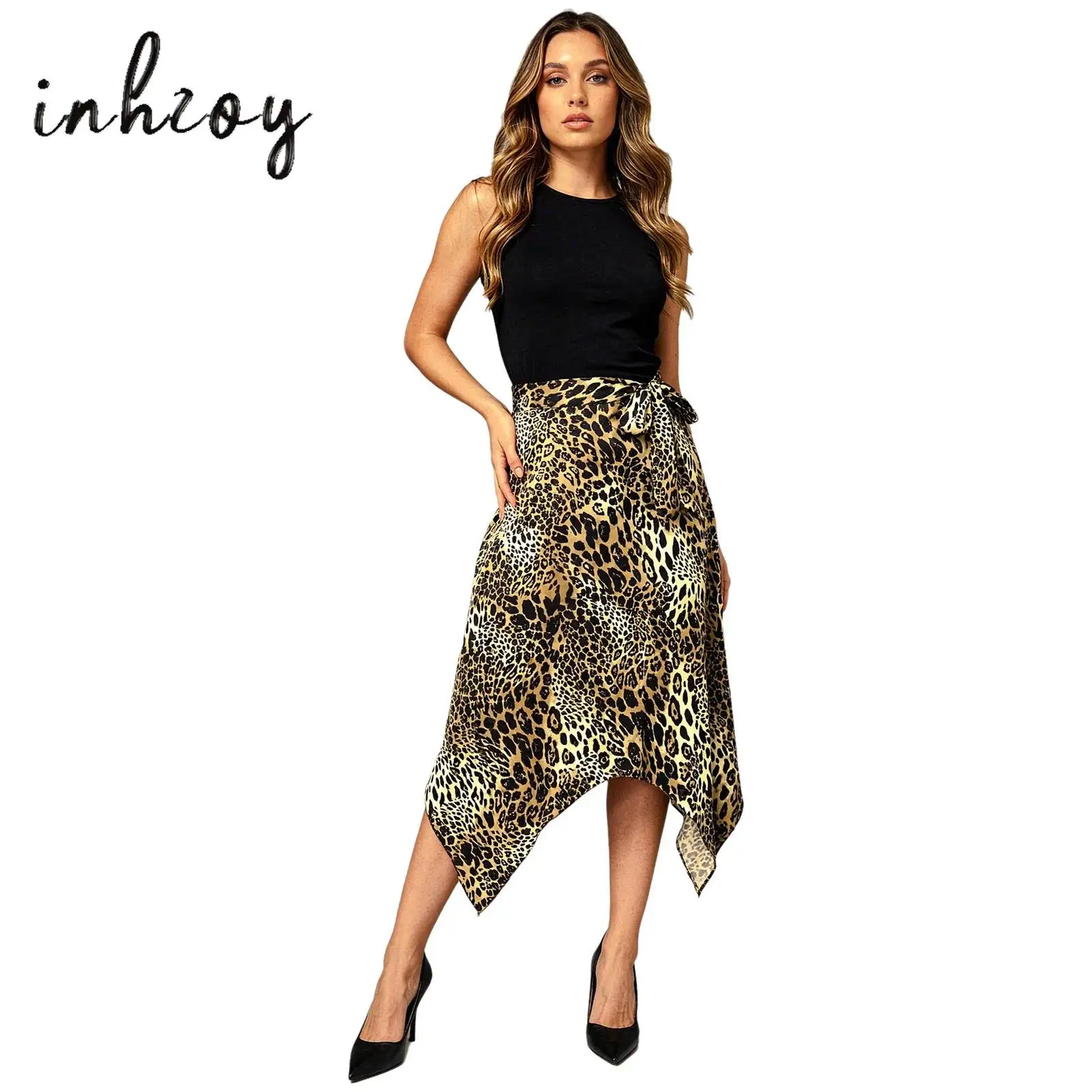 Women Leopard Print Skirt Y2K Skirts Irregular Hem Lace-up Belted Skirt Casual Daily Life Vintage Nightclub Rave Party Office