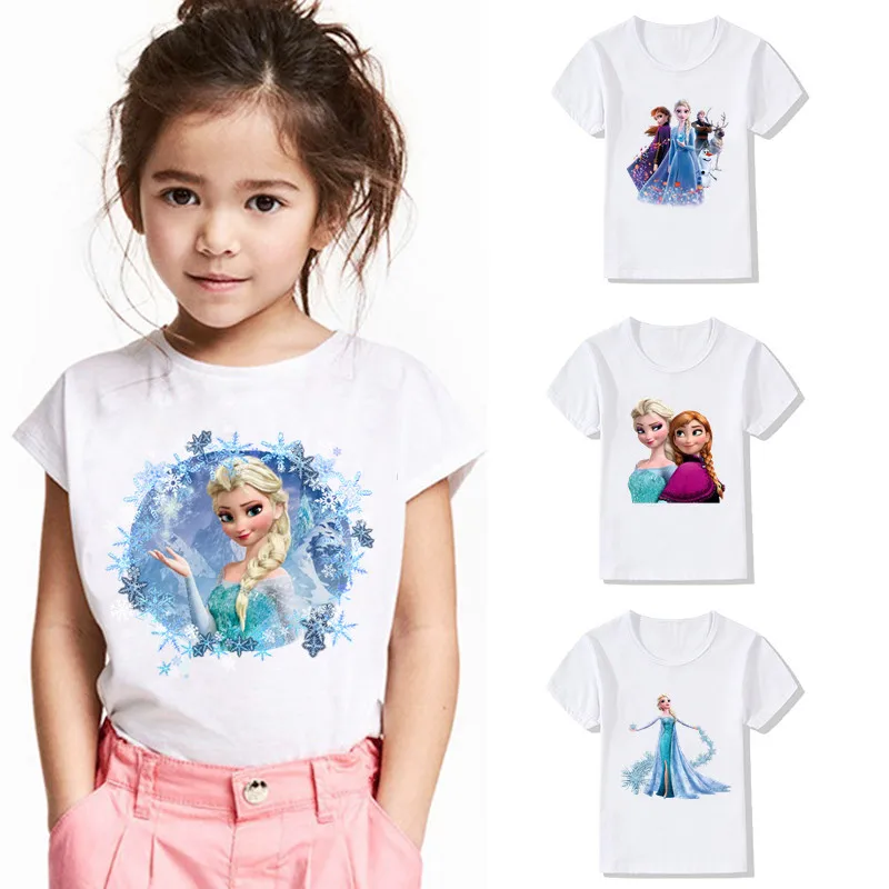 Camisetas con estampado de Frozen para niños y niñas, camisa de manga corta con estampado de princesa Elsa y Anna de Disney, Tops bonitos de verano,