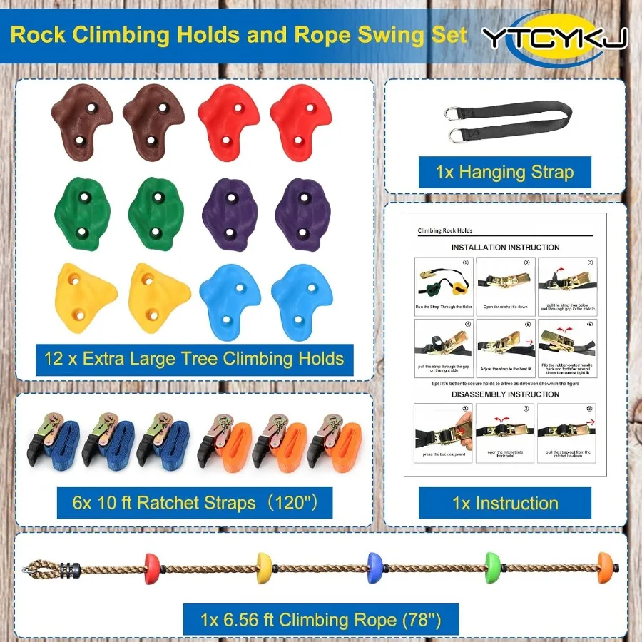 12 soportes de escalada en roca para escalador, columpio de cuerda de escalada de 6,56 pies y 6 correas de trinquete resistentes para kits de escalada de árboles