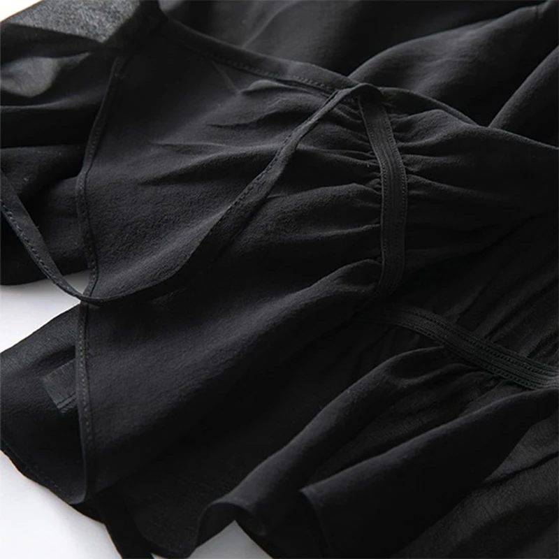 Women Shawl 100% Mulberry Silk Black Thin Type Bow-tied Ruffles Bottom Cappa Cardigan Blouse Top Shirt M1139