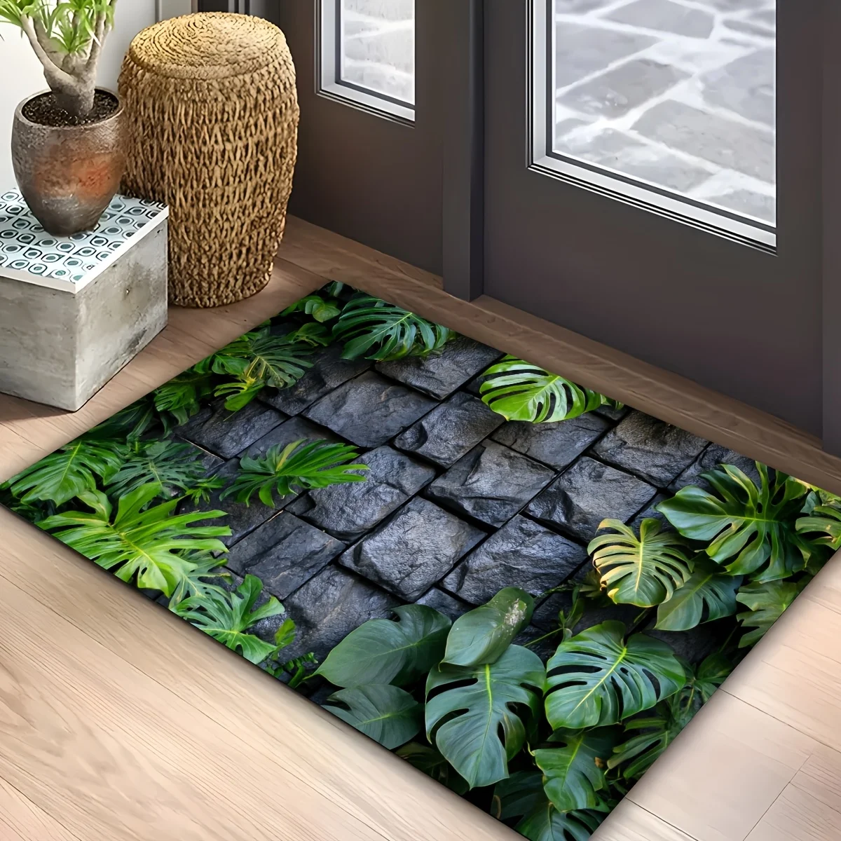 Bohemian Tropical Leaf Jungle Bath Mat Waterproof Shower Rug Slate Print Polyester Bathroom Decor for Modern Home Vanity