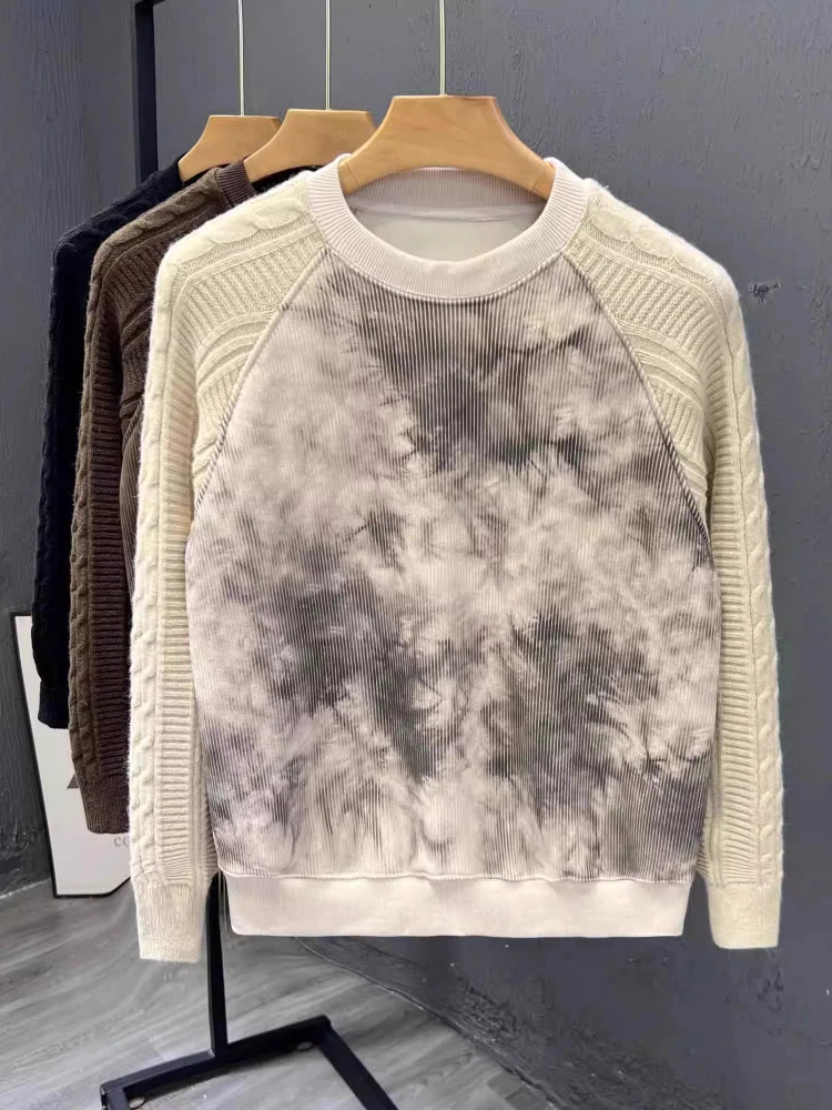 

Винтажный осенне-зимний свитшот с принтом тай-дай на флисовой подкладке, мужской повседневный многослойный вязаный топ, модный модный свитер с длинными рукавами и облачным принтом