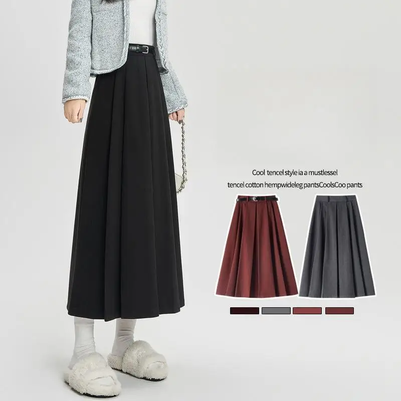 2025 Spring and Autumn New Suit Half length Skirt with High Waist and Drop Feeling pleated Skirt Medium length Large Swing Skirt