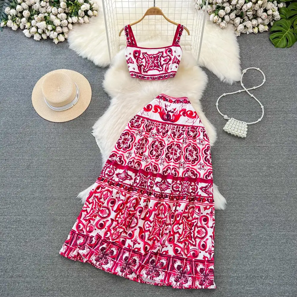 Summer Runway Holiday Red Blue and White Porcelain Print Two Piece Set Women Spaghetti Strap Short Tops+Maxi Skirts Suit 516