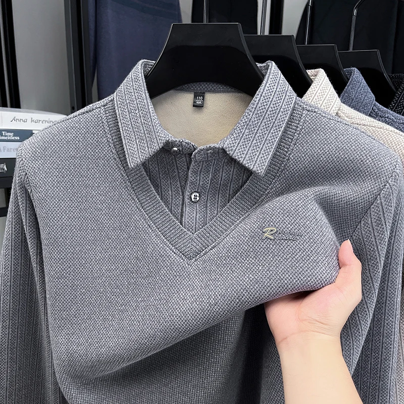 

Fashion brand letter embossed men's sweater high-end striped fake two-piece design new trendy plush comfort warm lapel pullover