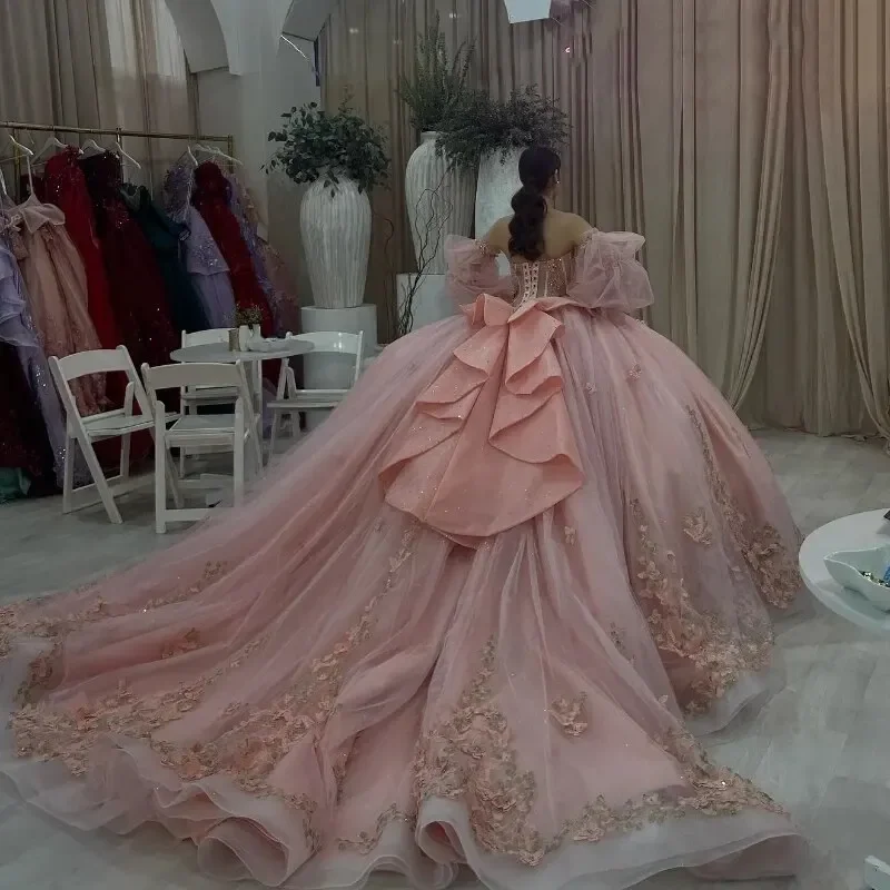 Angelsbridep Customized Pink 15 Year Old Quinceanera Dresses 2025 Ball Gowns Appliques Puffy Sleeves Vestidos De 15 Años