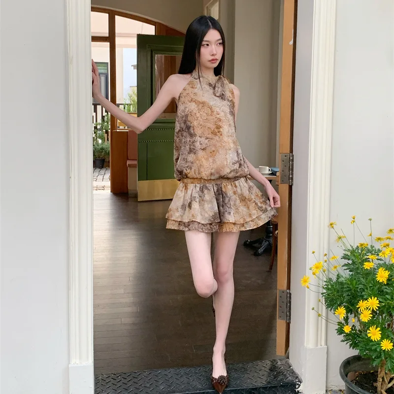 Francês retro tie-accented chique halter babados em camadas mini bolo vestido para mulheres verão casual praia férias-estilo a linha vestido