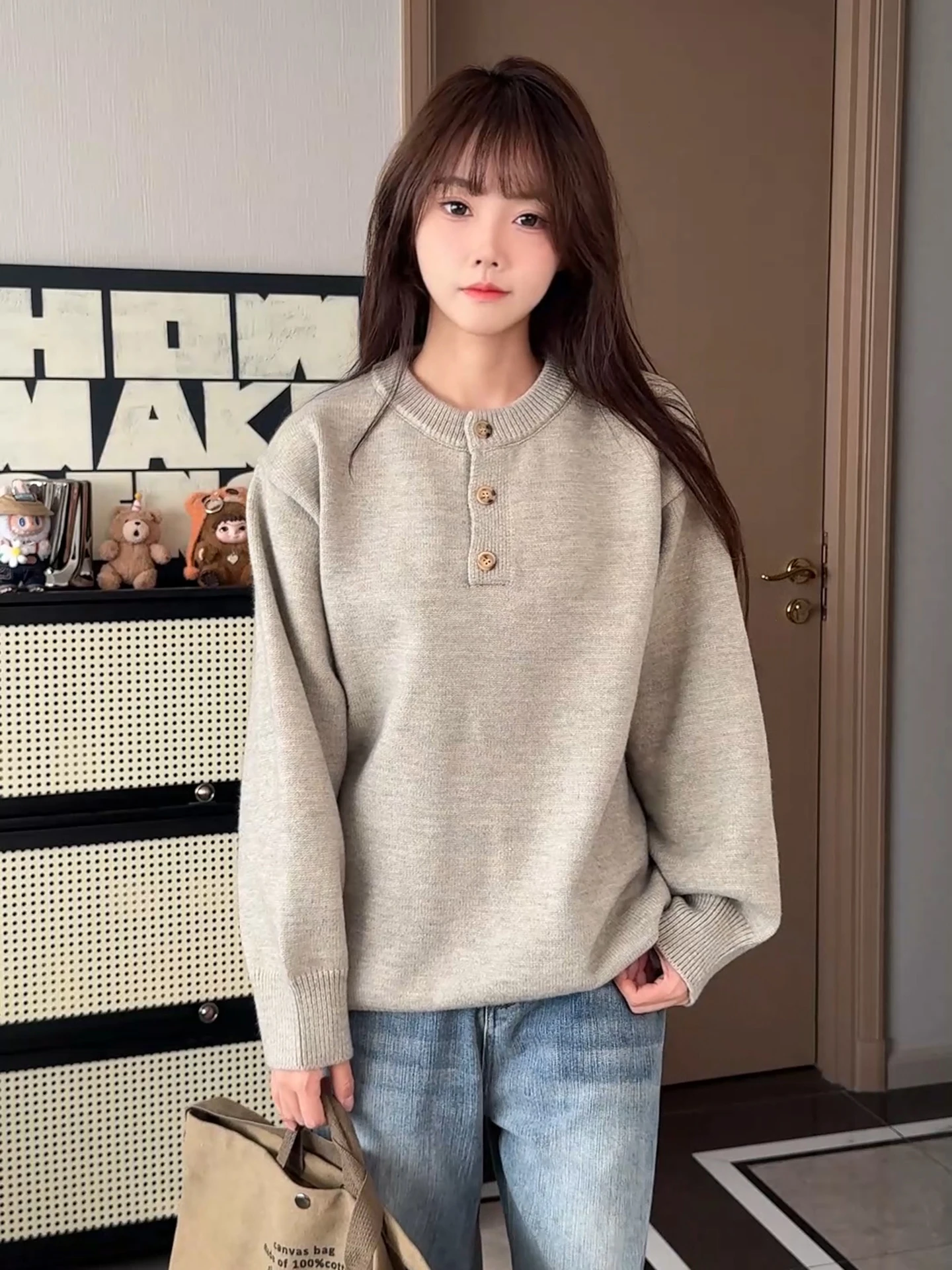 

American Retro Henry Collar Knitwear Men's Lazy High-End Sweater Couple's Outerwear Casual Sle Long Sve round Ne