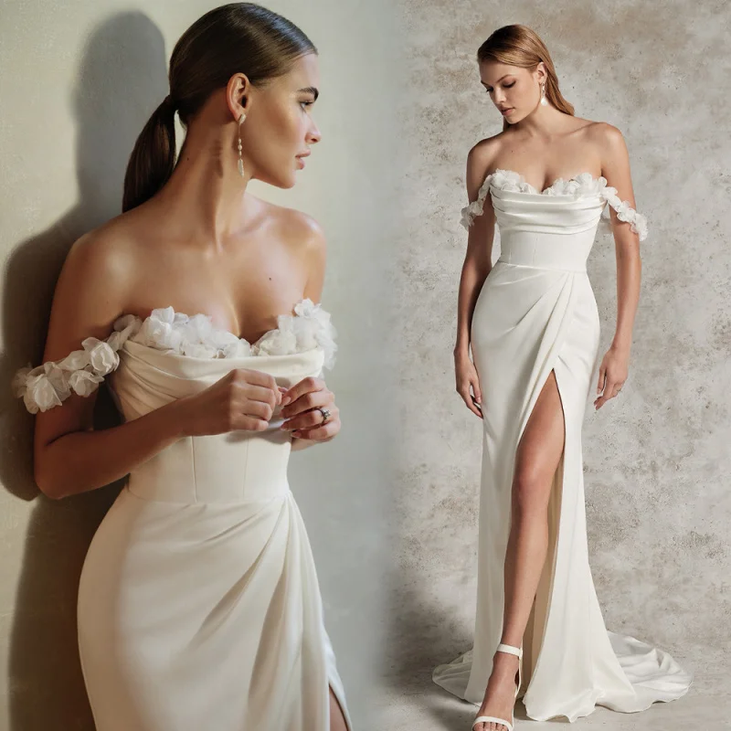 

French Style Satin New Mermaid Collar White for Marriage Registration and Outings Reception Dress