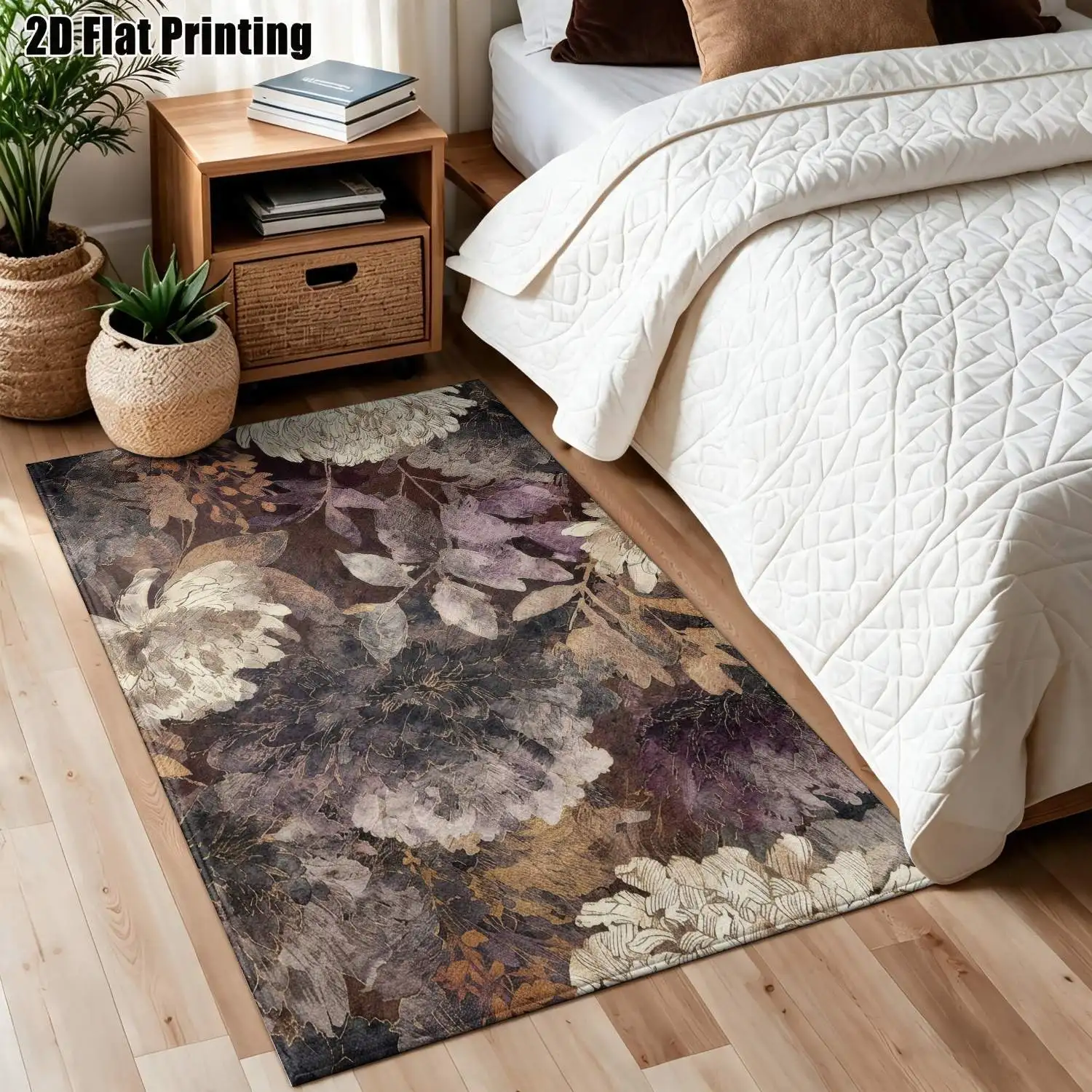 1Pc 2D Printed Retro Brown-Purple Floral Carpet: European, Vintage, Bohemian Style, Machine Washable, Multi-Size, Ideal for Home Decor, Living Room, Bedroom, Dining Room & Entrance