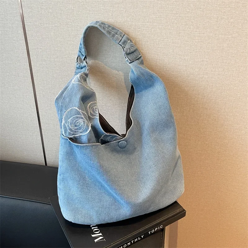 Cross-border Japan and South Korea Simple Lazy Style Denim Shoulder Bag 2024 New Capacity Messenger Bag Shoulder Shopping Bag