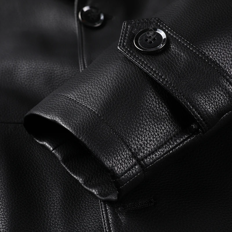 Fashion Medium Length Fleece Leather Jacket PU Men's Winter Thick Single Breasted Suit Collar Middle Aged Male Outerwear Tops