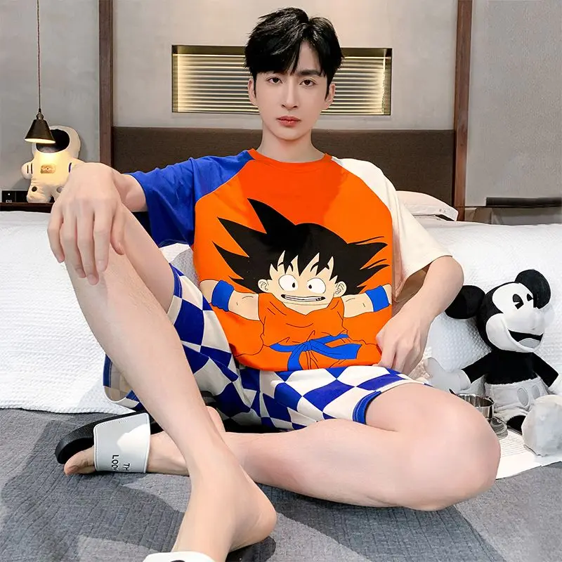 Anime One Piece Luffy Men Short-Sleeved Pajamas Set Summer Cartoon Cotton Thin Section Teenagers HomeWear Set Student Loungewear