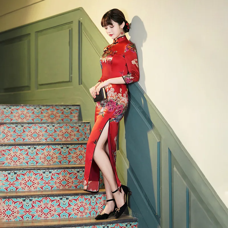  Red High Quality Real Silk Dress Cheongsam Qipao Women's Long Sleeve High-End Wedding Clothes Wedding Banquet Clothes Chinese 