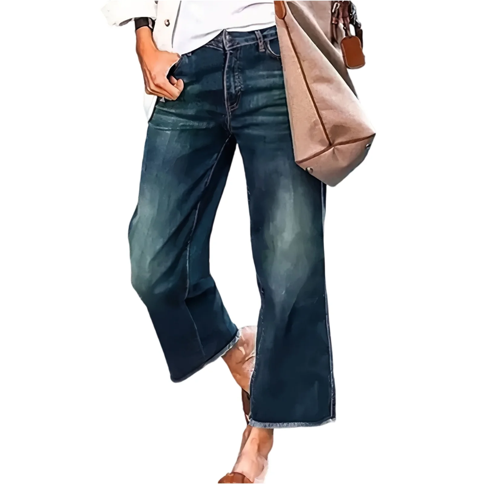 Calças de brim de perna larga para mulheres lavadas com bordas cruas solto ajuste retro calças estilo preguiçoso na moda diariamente casual wear