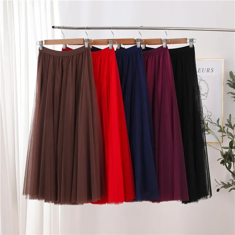 Hot Women Mesh Elastic Tutu Skirt Beach Spring Summer Korean High Waist Fashion Pleated Long Skirt Black White Tulle Skirts