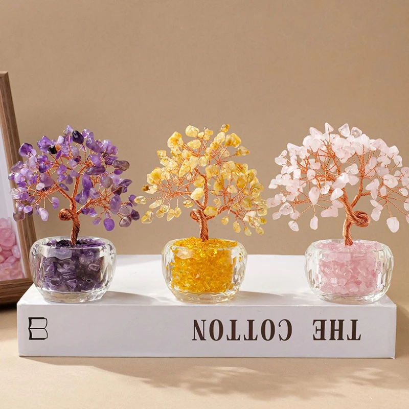 New Natural Crystal Money Tree Decoration for Feng Shui Wealth Tree, with Gemstone Rich Bowl, Used for Home Office Decoration