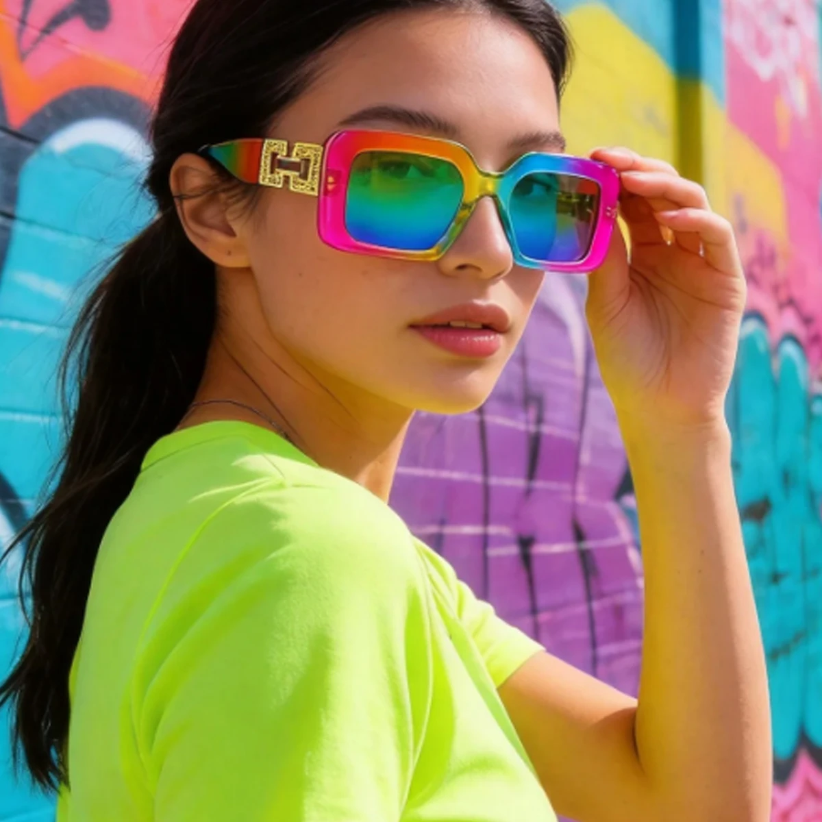 Women Square Rainbow Gradient Sunglasses H Shape Metal Decor Oversized Fashion Shades UV400 Outdoor Party Eyewear
