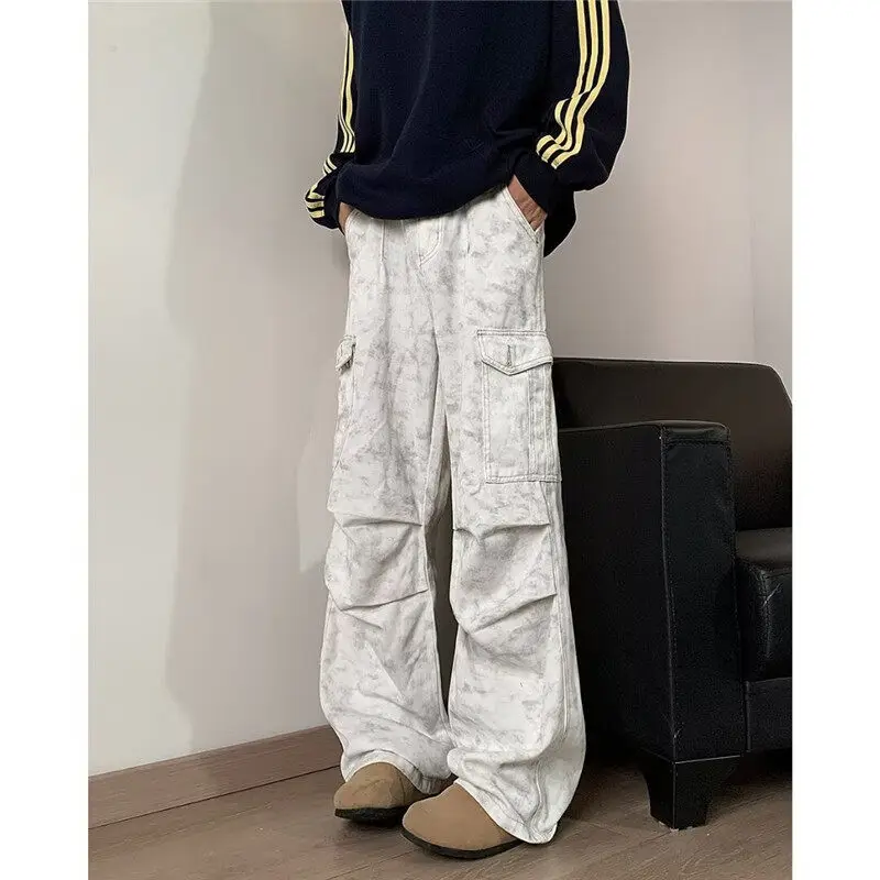 

American Sle Folded Paratrooper Workwear Pants Men's Spring Autumn High Street Vibe Multi ket Flared Loose Straight Leg ...