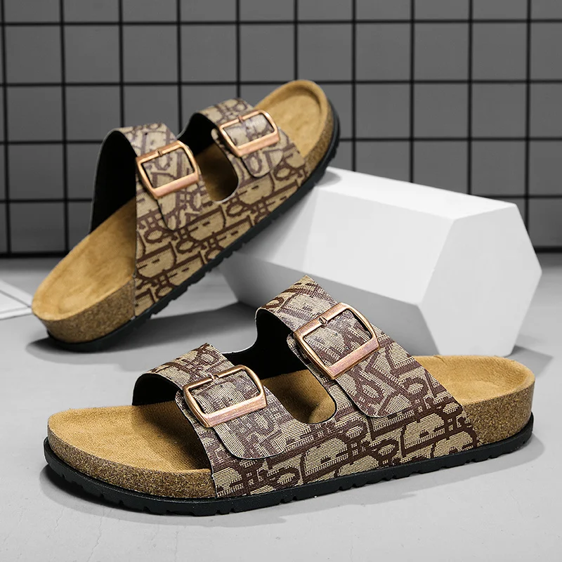 

Retro Brown Cork Slippers Man Fashion Brand Sliders Summer Muller Shoes Men Women Buckle Leather Slippers For Men Big Size 36-46