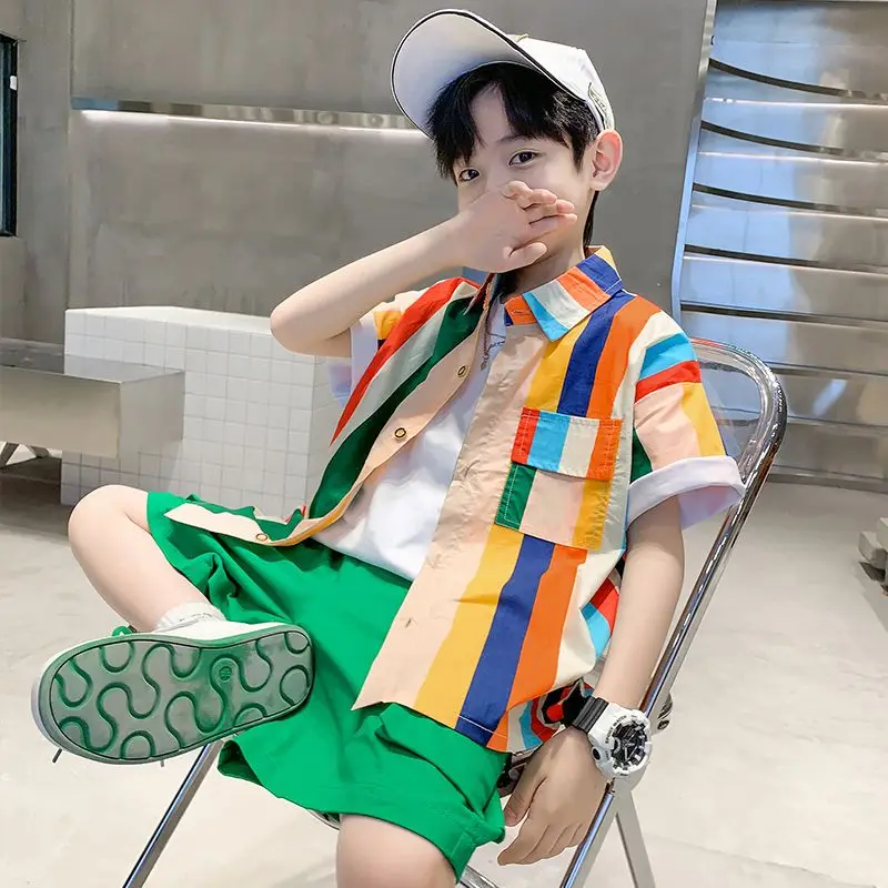 

Boys' Summer Suit Button Shirt Shorts Two Pieces 2024 New Korea Colorful Stripes Green Shorts Sporty And Cool Street Suits