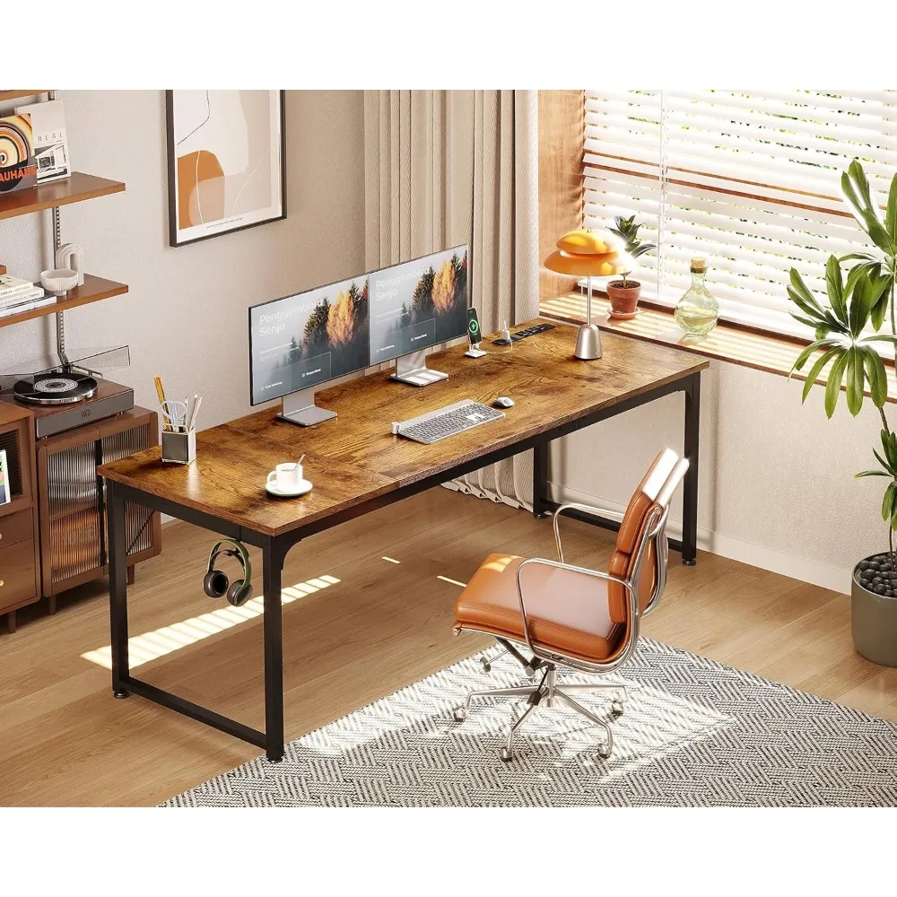 Coleshome 71 Inch Computer Desk with USB Ports, Large Office Desk, Long Study Student Writing Desk, Rustic Brown