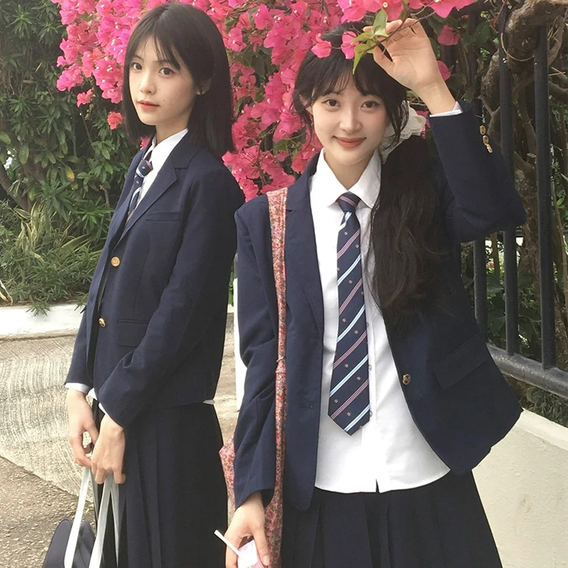 학생을위한 한국 학교 유니폼 배지가있는 재킷 네이비 블루 블레이저 유니폼 일본 고등학교 코트 학교 의류 Seifuku