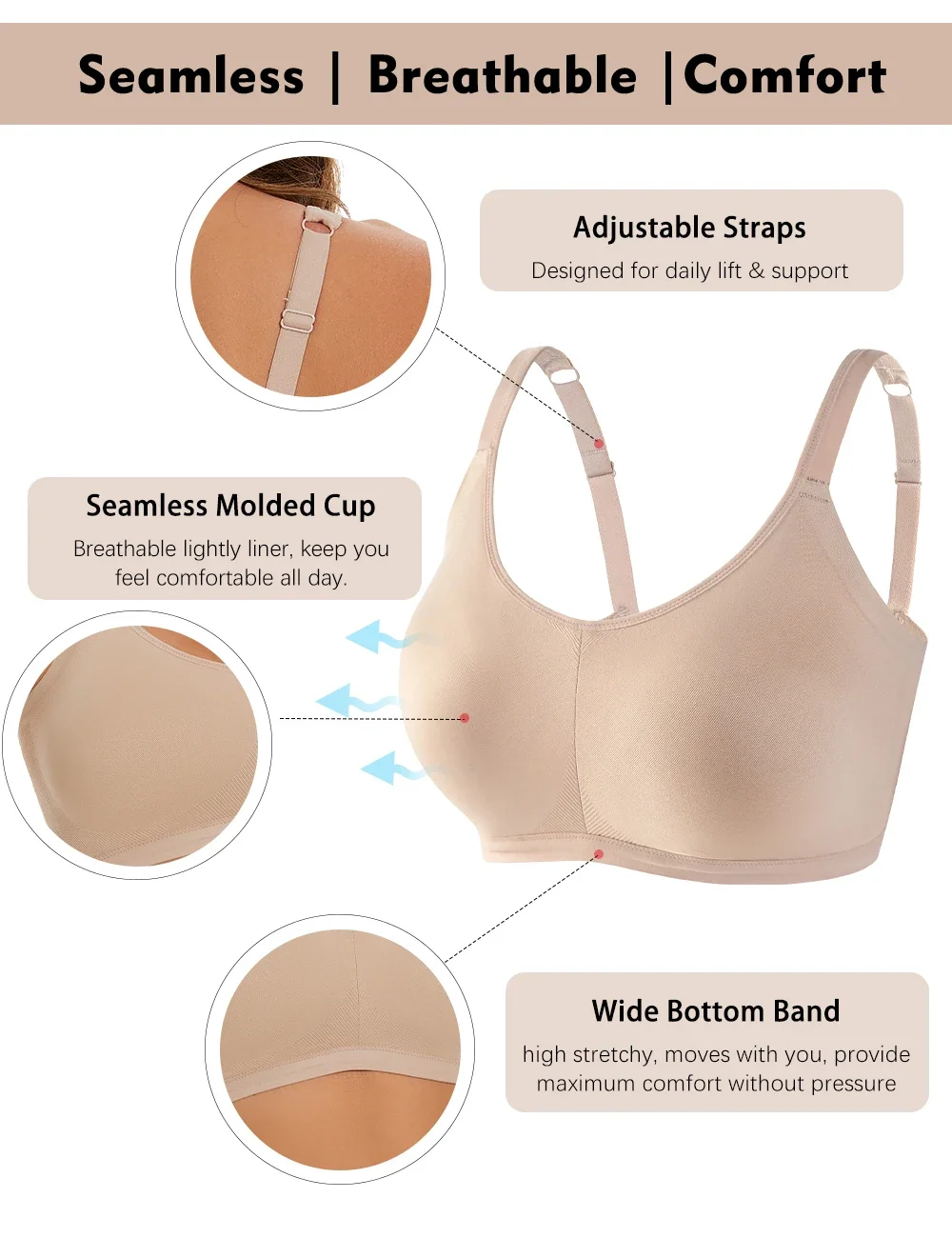 Molasus Women\'s Seamless Wireless Bras Full-Coverage Adjustable Straps Stretchy Underarm Smoothing Lightly Lined Bra Wire Free