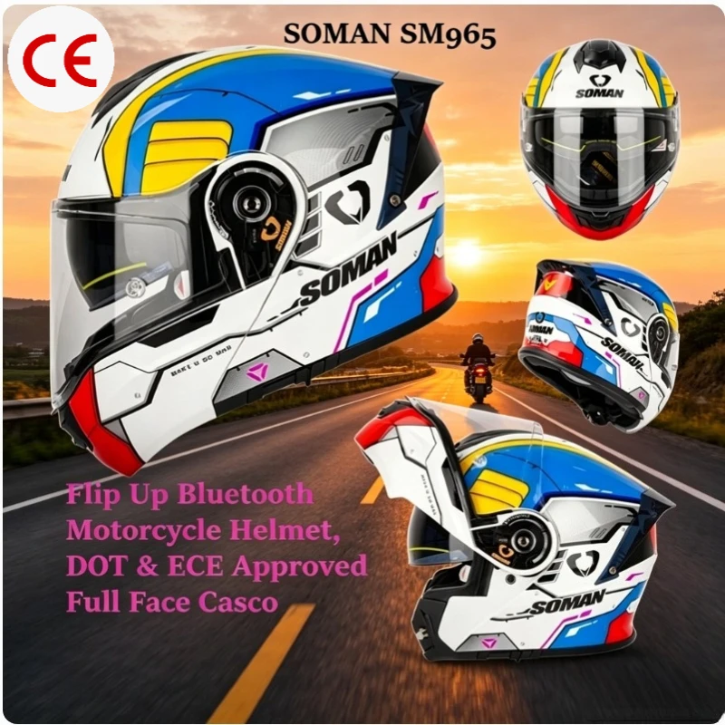 SOMANSM965 Motorcycle Bluetooth Helmet Flip Up Moto Helmet Dual Visor Full Face Helmet Accessories DOT ECE Approved Cascos Para
