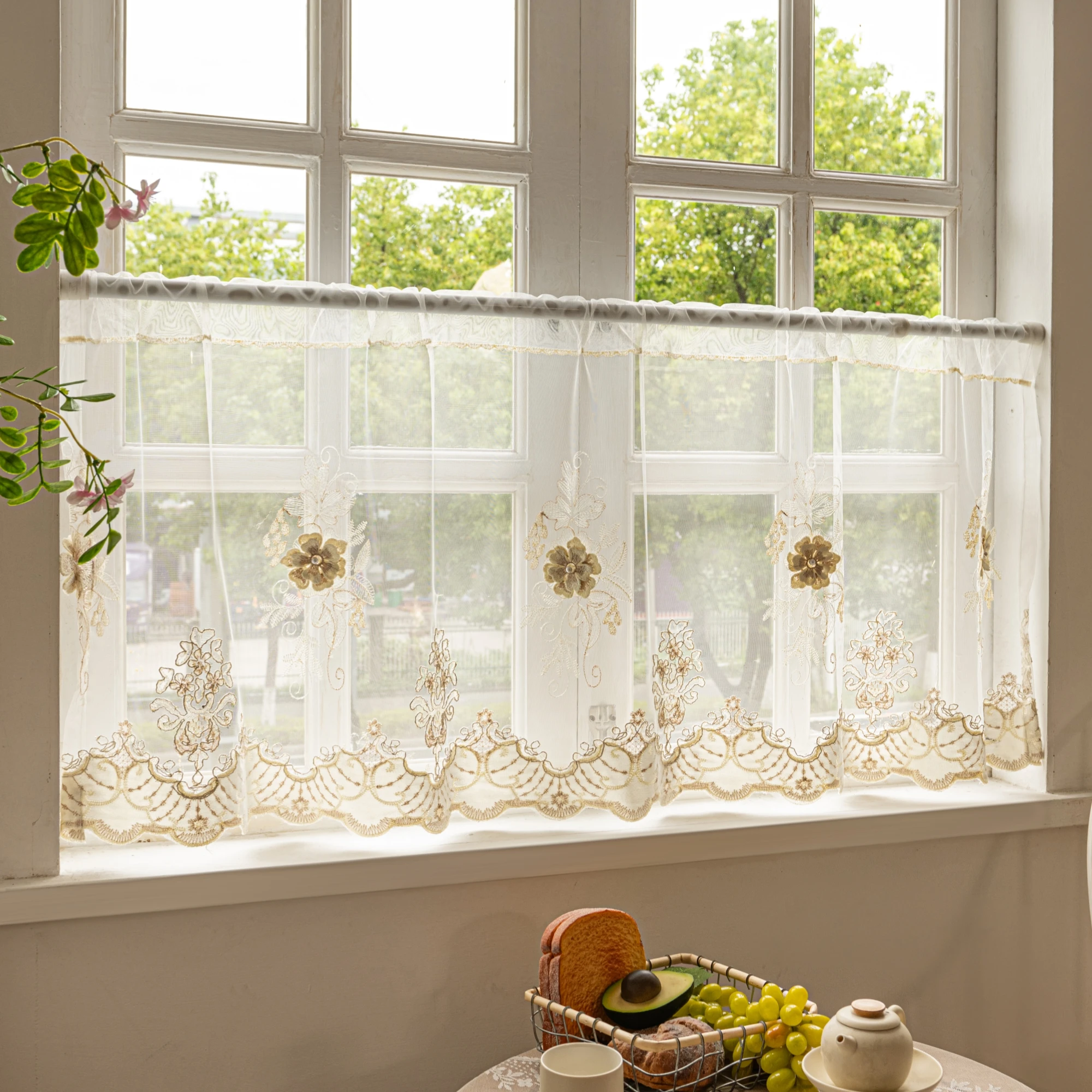 French Floral Embroidered Sheer Cafe Curtain, Rod Pocket Lace Window Valance, Scalloped Edge Short Tier Curtain for Kitchen Smal