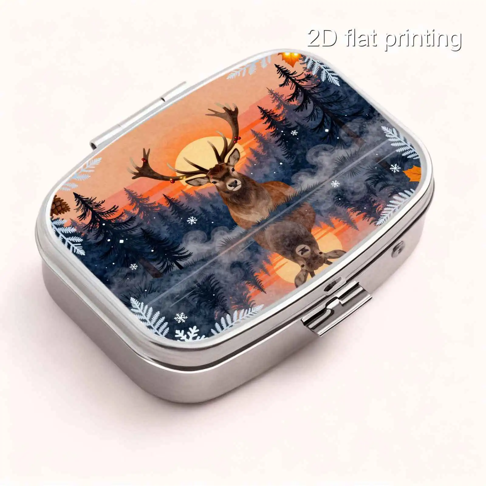 Sunset Forest Elk Mirror Reflection Maple Leaves Snowflakes Winter Retro Illustration Pattern, Square Two-Compartment Small Pill Box, Portable Medicine Storage, Small Jewelry Storage, Suitable for Handbags or Travel, Holiday Gifts, Souvenirs, Prizes, Small Gifts, for Personal Use or as an Exquisite Gift