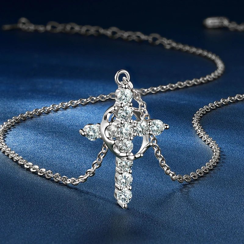 Anziw 3mm D Color Moissanite Necklace for Women Men 925 Sterling Silver Crown Cross Pendant Necklaces Certified Jewelry Gifts