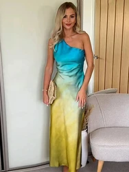 BWQ Dresses for Women Tie Dye Asymmetrical Diagonal Collar High Waist Slim Sexy Chic Dress Elegant Fashion Summer Dresses