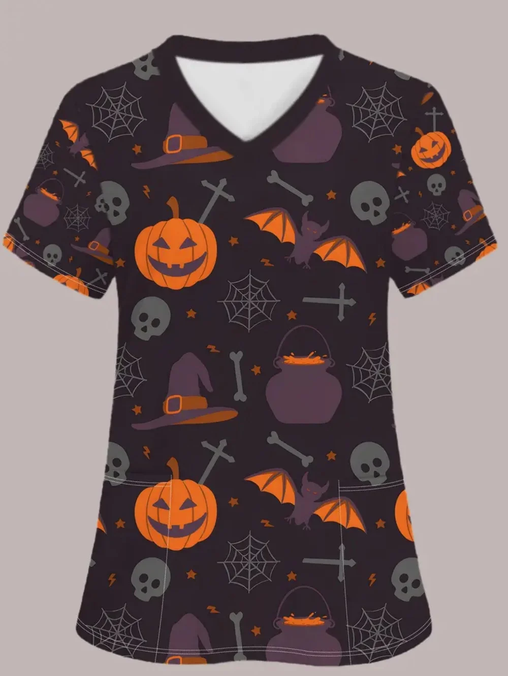 Uniforme médical femme Halloween crâne motif imprimé hauts mode d'été col en v avec poches à manches courtes gommages uniforme femme