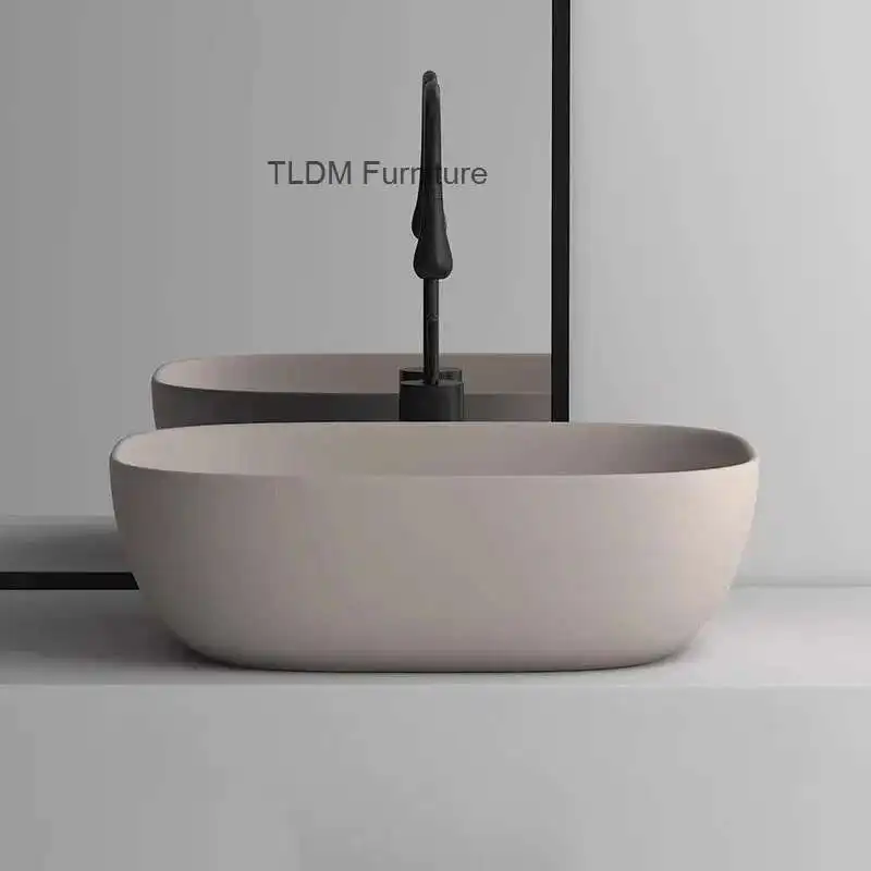 Pias de banheiro de cerâmica modernas para cozinha oval aprofundado fosco luz luxo cáqui fácil de limpar design pia para pátio