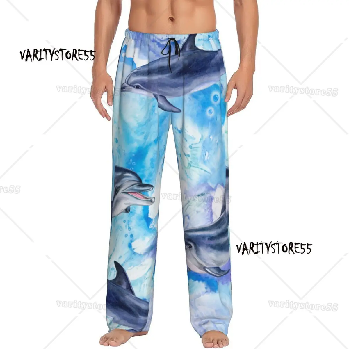 

Акварельные морские синие дельфины, мужские штаны для сна, мужские брюки для отдыха, мужские пижамные штаны