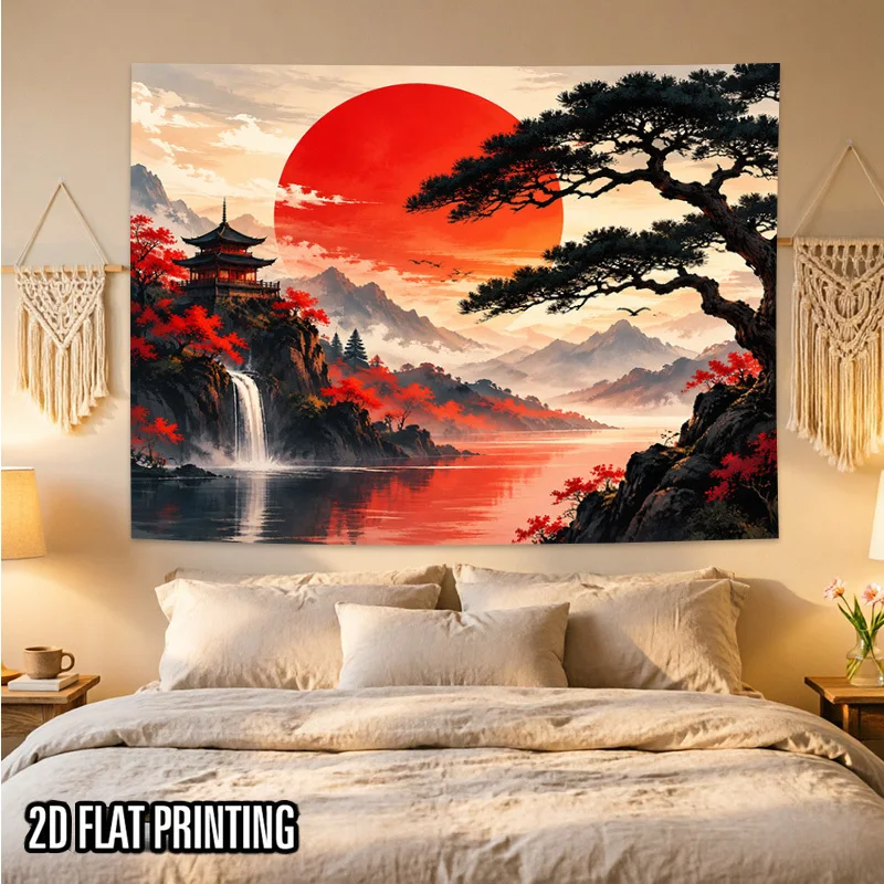 Oriental Landscape Tapestry, Red Sun, Pavilion, Pine Tree Scene Wall Hanging for Bedroom, Living Room, Dorm, Home Wall Decor
