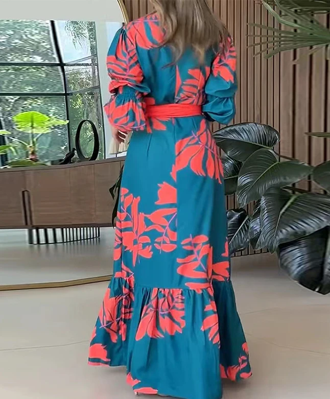 Dresses for Women 2024 New Elegant Temperament Bohemian Fashion Plant Flower Print V-neck Long Sleeve Casual Vacation Long Dress